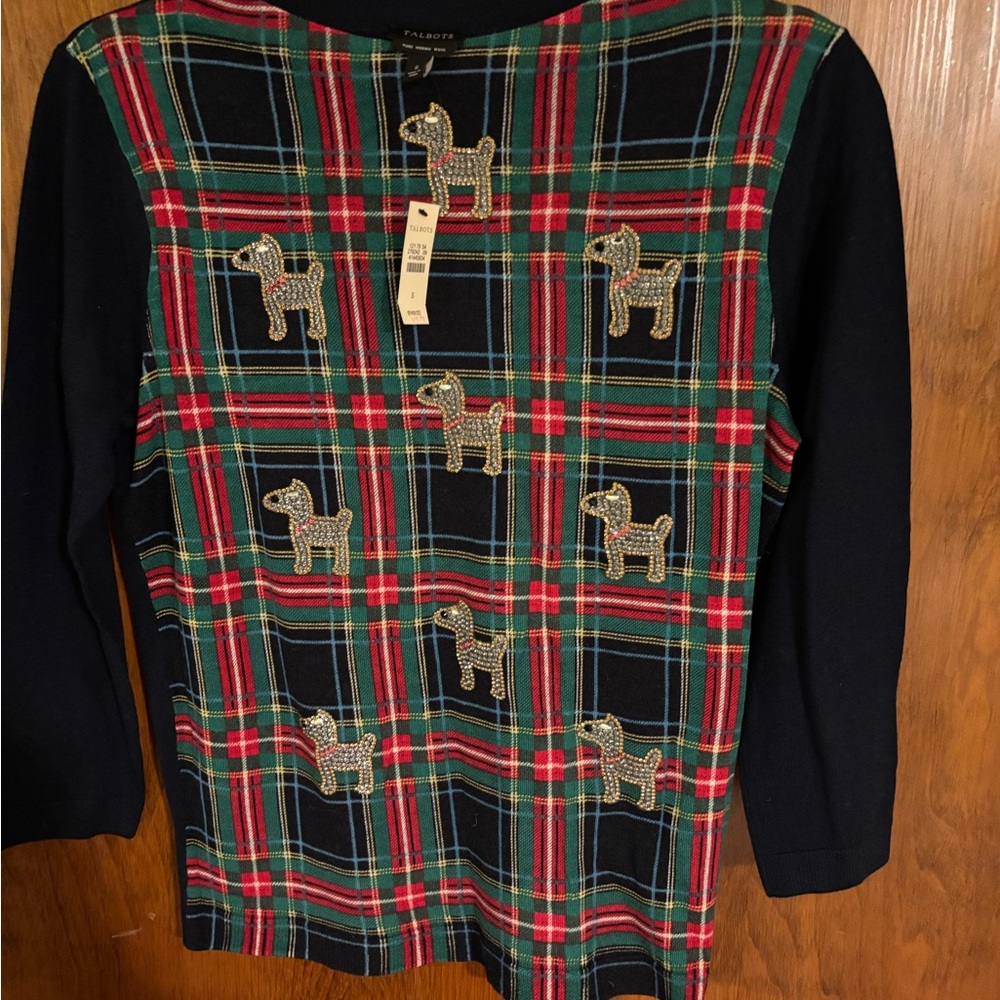 Talbots Women's Plaid Sweater with Dog Design